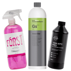 Drei Vorreiniger Flaschen Stjarnagloss Först Citrus Pre-Cleaner, Koch Chemie Green Star und Nasiol Tem APC Pro.